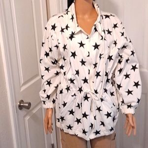 Black and White Star Jacket by Karen Kane with Front Zip and Front Pockets